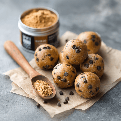 Cookie dough protein balls on parchment paper
