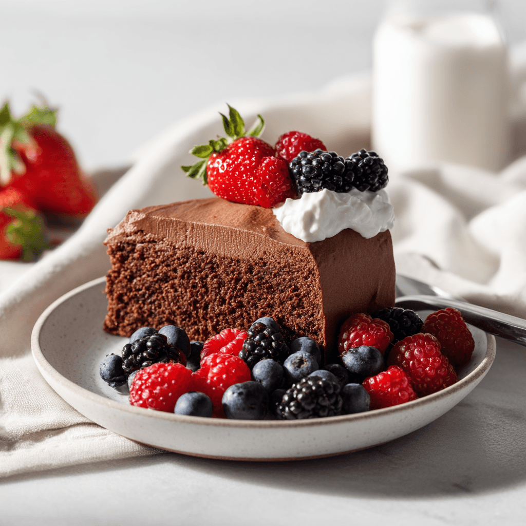 chocolate protein cake on wooden table