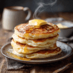 Buttermilk protein pancakes served with butter and maple syrup
