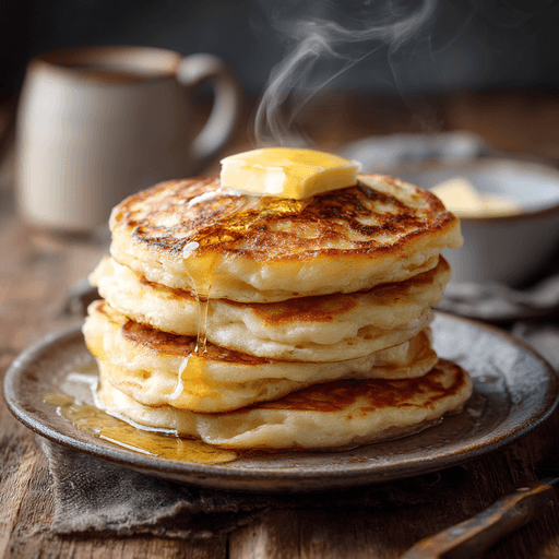 Buttermilk protein pancakes served with butter and maple syrup