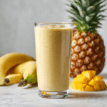Tropical smoothie protein shake in a tall glass with fruit