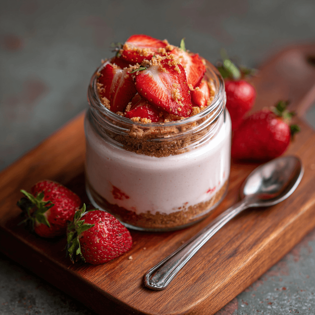 Strawberry cheesecake protein in a jar on marble